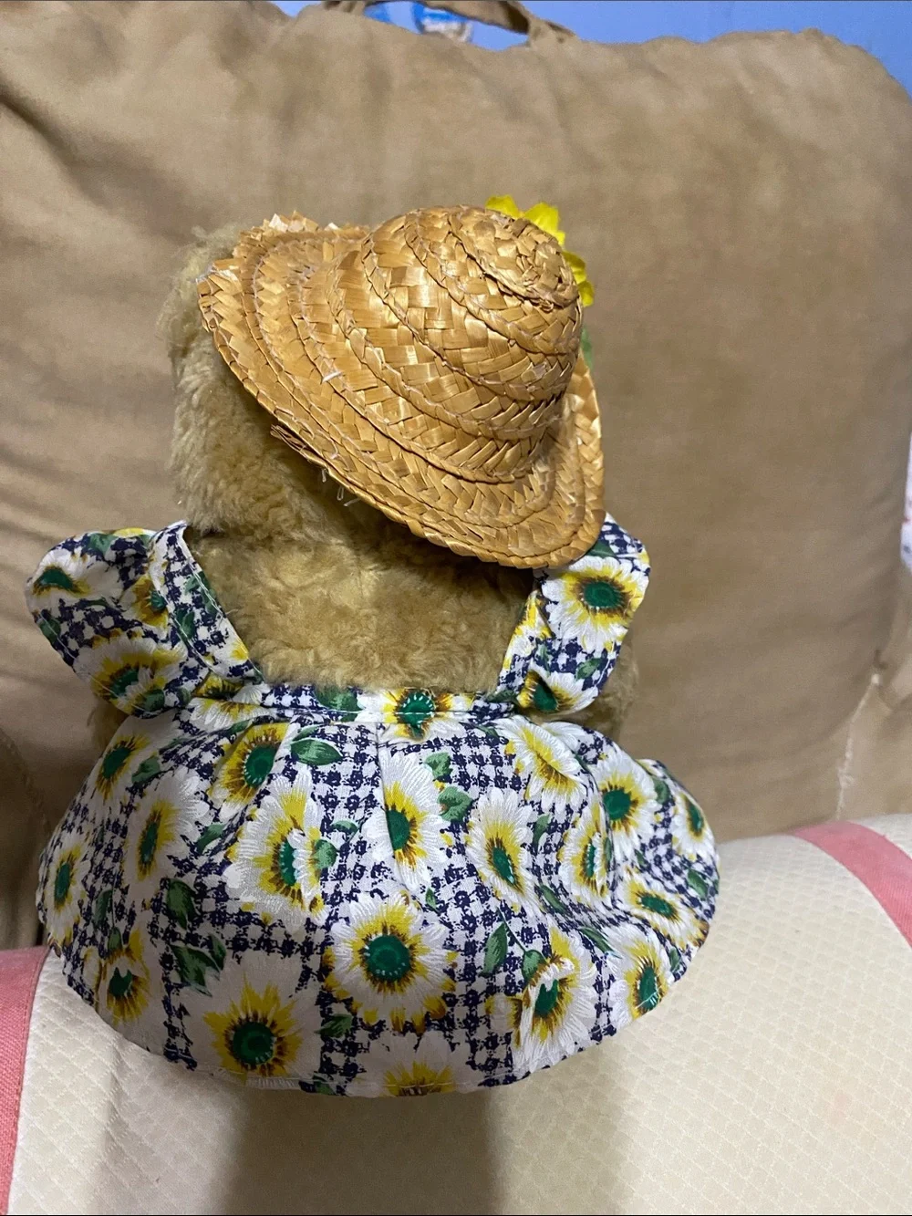 Plush Teddy Bear in Sunflower Dress with Straw Hat